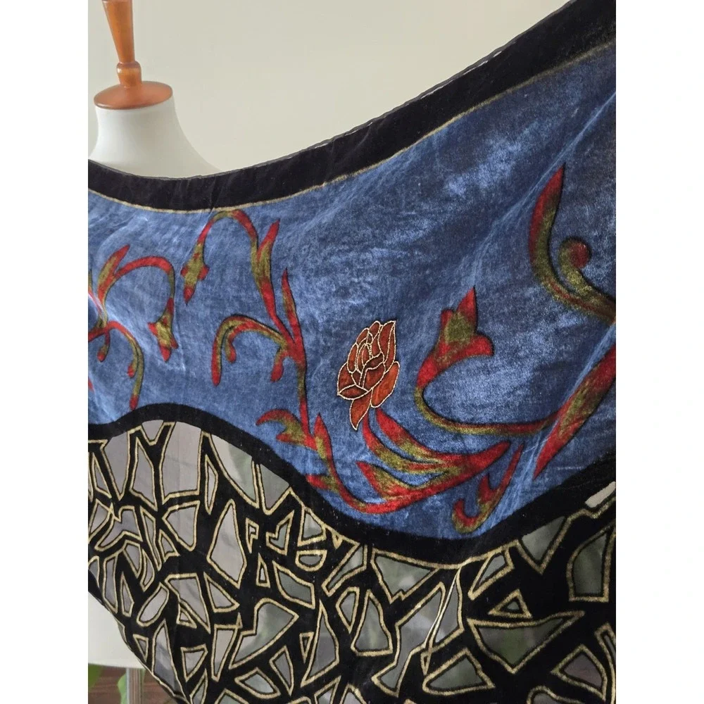 VTG 100% Silk Burnout Velvet Piano Scarf Shawl Art Deco Stain Glass‎ Whimsigoth